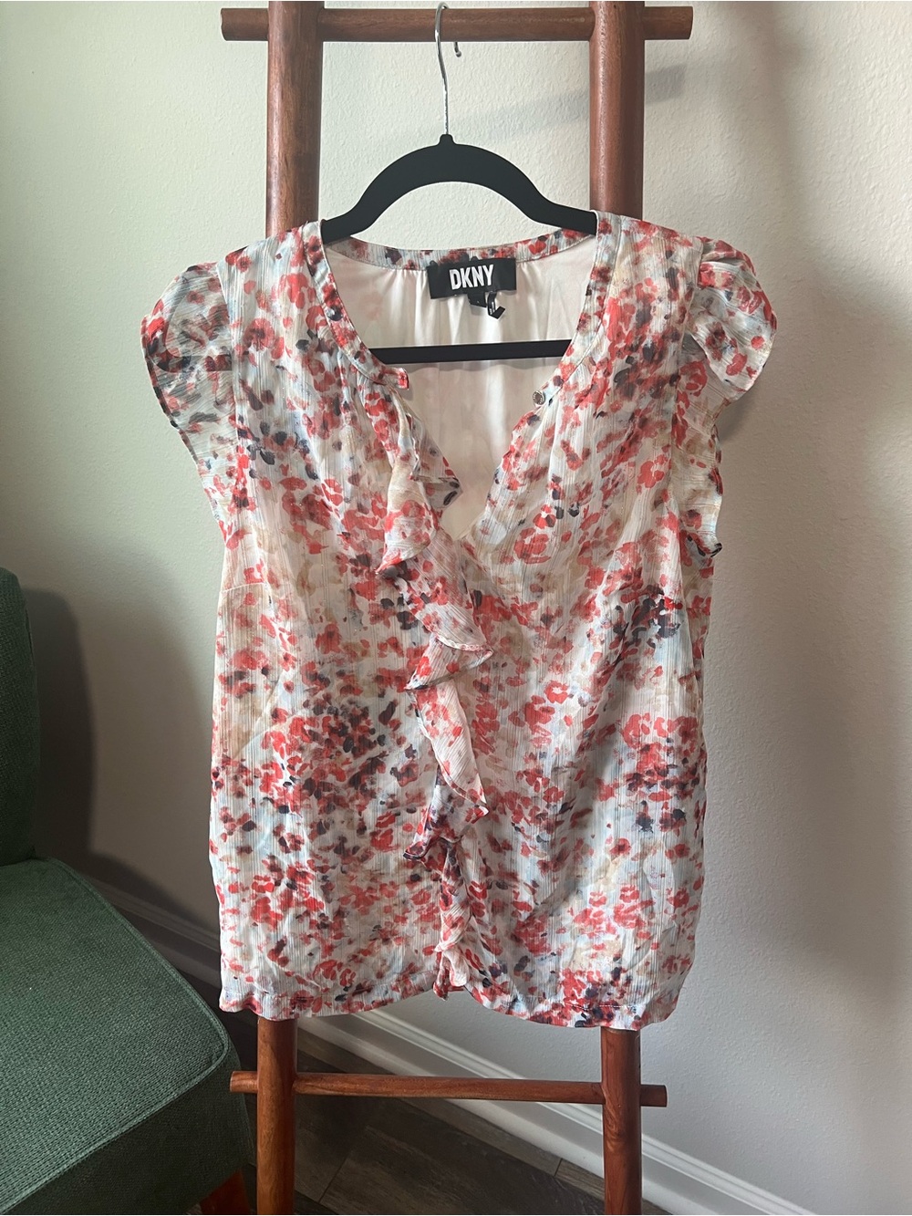 DKNY Cream Blouse with Coral Floral Ruffle V-Neck